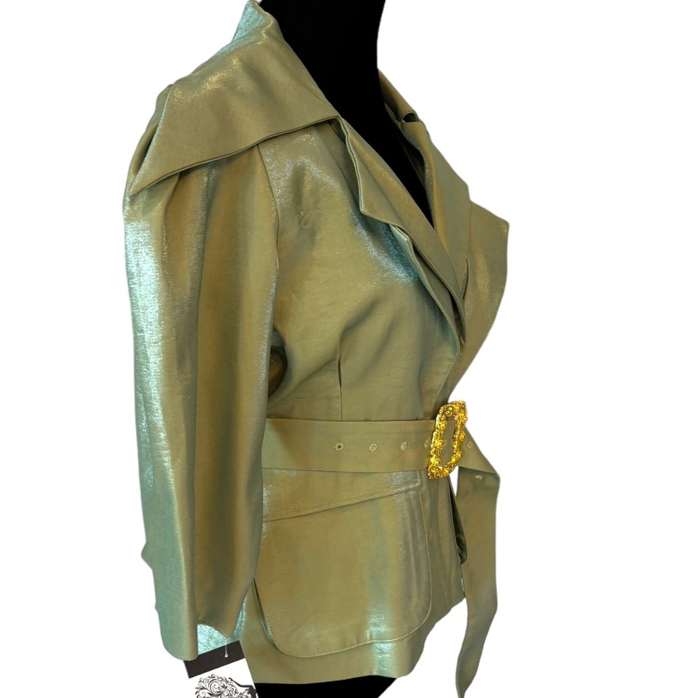 Green Metallic Sheen Belted Jacket - Picture 9 of 15
